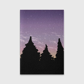 Обложка для паспорта матовая кожа с принтом Лес под ночным небом в Новосибирске, натуральная матовая кожа | размер 19,3 х 13,7 см; прозрачные пластиковые крепления | Тематика изображения на принте: вечер | градиент | закат | звездное небо | звезды | лес | небо | очертание | очертание леса | сумерки | тайга | фиолетовый | черный