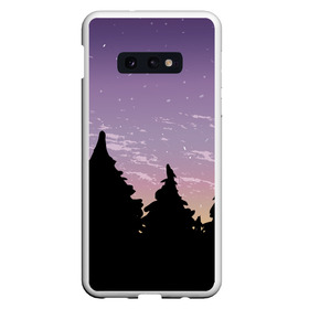 Чехол для Samsung S10E с принтом Лес под ночным небом в Новосибирске, Силикон | Область печати: задняя сторона чехла, без боковых панелей | вечер | градиент | закат | звездное небо | звезды | лес | небо | очертание | очертание леса | сумерки | тайга | фиолетовый | черный