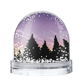 Снежный шар с принтом Лес под ночным небом в Новосибирске, Пластик | Изображение внутри шара печатается на глянцевой фотобумаге с двух сторон | вечер | градиент | закат | звездное небо | звезды | лес | небо | очертание | очертание леса | сумерки | тайга | фиолетовый | черный