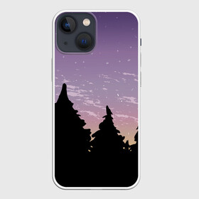 Чехол для iPhone 13 mini с принтом Лес под ночным небом в Новосибирске,  |  | вечер | градиент | закат | звездное небо | звезды | лес | небо | очертание | очертание леса | сумерки | тайга | фиолетовый | черный