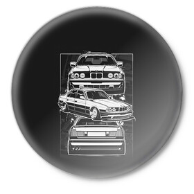 Значок с принтом BMW в Новосибирске,  металл | круглая форма, металлическая застежка в виде булавки | Тематика изображения на принте: auto | bmw | car | e | e34 | germany | m | m5 | series | x | авто | автомобиль | бмв | бнв | германия | машина