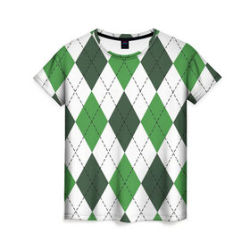 Женская футболка 3D с принтом Зелёные ромбы в Новосибирске, 100% полиэфир ( синтетическое хлопкоподобное полотно) | прямой крой, круглый вырез горловины, длина до линии бедер | белый | геометрические фигуры | зеленый | пунктир | ромб | ромбы | тёмный