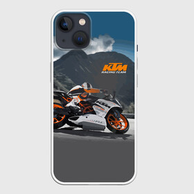 Чехол для iPhone 13 с принтом KTM Racing team в Новосибирске,  |  | clouds | ktm | motorcycle | mountains | nature | racer | racing | route | sky | team | гонщик | горы | мотоцикл | небо | облака | природа | трасса