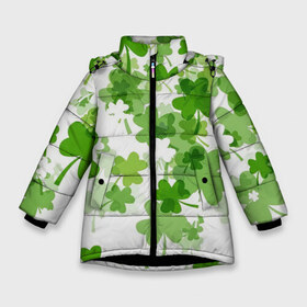 Зимняя куртка для девочек 3D с принтом Клеверный дождь в Новосибирске, ткань верха — 100% полиэстер; подклад — 100% полиэстер, утеплитель — 100% полиэстер. | длина ниже бедра, удлиненная спинка, воротник стойка и отстегивающийся капюшон. Есть боковые карманы с листочкой на кнопках, утяжки по низу изделия и внутренний карман на молнии. 

Предусмотрены светоотражающий принт на спинке, радужный светоотражающий элемент на пуллере молнии и на резинке для утяжки. | белый | дождь | зеленый | клевер | много клевера | удача