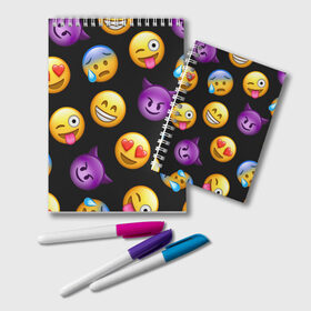 Блокнот с принтом Emoji в Новосибирске, 100% бумага | 48 листов, плотность листов — 60 г/м2, плотность картонной обложки — 250 г/м2. Листы скреплены удобной пружинной спиралью. Цвет линий — светло-серый
 | Тематика изображения на принте: school | пенал | прикольный пенал | смайлы | школа | школьный пенал | эмодзи