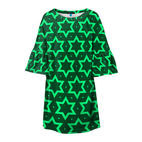 Детское платье 3D с принтом Звезда Давида в Новосибирске, 100% полиэстер | прямой силуэт, чуть расширенный к низу. Круглая горловина, на рукавах — воланы | вертикальный рисунок | звезда | звезда давида | звёзды | звезды давида | зеленый | зеленый узор | светлый | тёмный | узор