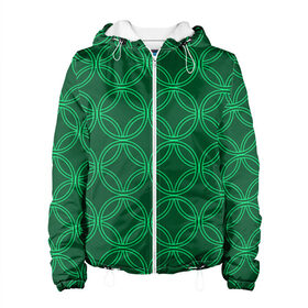 Женская куртка 3D с принтом Зелёный узор в Новосибирске, ткань верха — 100% полиэстер, подклад — флис | прямой крой, подол и капюшон оформлены резинкой с фиксаторами, два кармана без застежек по бокам, один большой потайной карман на груди. Карман на груди застегивается на липучку | геометрические фигуры | зеленый | круг | ромб | светлый | темный | узор