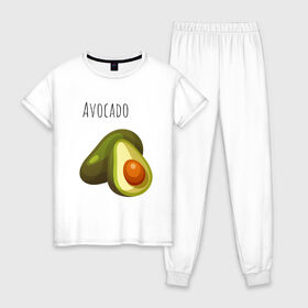 Женская пижама хлопок с принтом Авокадо в Новосибирске, 100% хлопок | брюки и футболка прямого кроя, без карманов, на брюках мягкая резинка на поясе и по низу штанин | авокадо | зелёный | надпись | фрукт