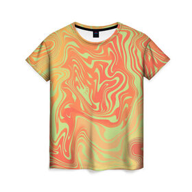 Женская футболка 3D с принтом Цветные разводы. в Новосибирске, 100% полиэфир ( синтетическое хлопкоподобное полотно) | прямой крой, круглый вырез горловины, длина до линии бедер | абстракция | волны | желтый | кляксы | оранжевый | пятна | салатовый | цветные разводы