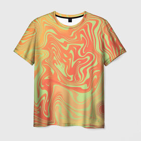 Мужская футболка 3D с принтом Цветные разводы. в Новосибирске, 100% полиэфир | прямой крой, круглый вырез горловины, длина до линии бедер | Тематика изображения на принте: абстракция | волны | желтый | кляксы | оранжевый | пятна | салатовый | цветные разводы