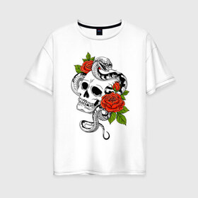 Женская футболка хлопок Oversize с принтом Череп розы и змея в Новосибирске, 100% хлопок | свободный крой, круглый ворот, спущенный рукав, длина до линии бедер
 | rose | skull | snake | змей | змейка | змея | роза | розочка | розы | цветы | череп | черепок | черепушка