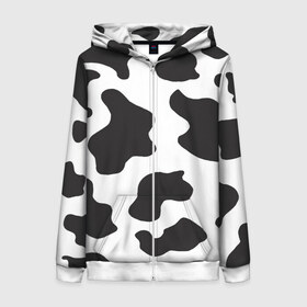Женская толстовка 3D на молнии с принтом COW PRINT в Новосибирске, 100% полиэстер | длина до линии бедра, манжеты и пояс оформлены мягкой тканевой резинкой, двухслойный капюшон со шнурком для регулировки, спереди молния, по бокам два кармана | animals | cow | cow print | корова | коровий принт