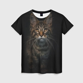 Женская футболка 3D с принтом Кот усатый в Новосибирске, 100% полиэфир ( синтетическое хлопкоподобное полотно) | прямой крой, круглый вырез горловины, длина до линии бедер | cat | кот | котёнок | котик | кошка | мейн кун | полосатый | пушистый | усатый