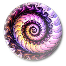 Значок с принтом Спираль улитки в Новосибирске,  металл | круглая форма, металлическая застежка в виде булавки | Тематика изображения на принте: волна | волны | желтый | раковина улитки | розовый | синий | спираль | улитка | фиолетовый