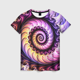 Женская футболка 3D с принтом Спираль улитки в Новосибирске, 100% полиэфир ( синтетическое хлопкоподобное полотно) | прямой крой, круглый вырез горловины, длина до линии бедер | волна | волны | желтый | раковина улитки | розовый | синий | спираль | улитка | фиолетовый