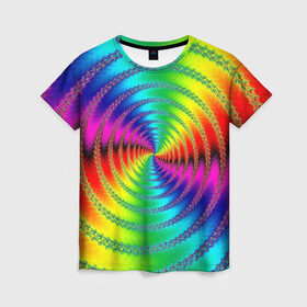Женская футболка 3D с принтом Цветной гипноз в Новосибирске, 100% полиэфир ( синтетическое хлопкоподобное полотно) | прямой крой, круглый вырез горловины, длина до линии бедер | насыщенные цвета | радуга | спираль | цвет | цвета | яркие цвета | ярко