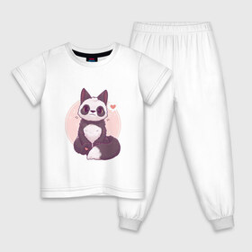 Детская пижама хлопок с принтом Лисья панда в Новосибирске, 100% хлопок |  брюки и футболка прямого кроя, без карманов, на брюках мягкая резинка на поясе и по низу штанин
 | Тематика изображения на принте: арт | белый | лиса | любовь | мило | милота | мимишка | панда | рисунок | сердце | чёрно белый | чёрный