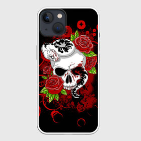 Чехол для iPhone 13 с принтом Череп и змея в Новосибирске,  |  | rose | skull | snake | змей | змея | розочки | розы | цветы | череп | черепок | черепушка