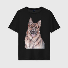 Женская футболка хлопок Oversize с принтом Овчарка в Новосибирске, 100% хлопок | свободный крой, круглый ворот, спущенный рукав, длина до линии бедер
 | акварель | животные | звери | краски | овчарка | песокафе | питомцы | рисунок | собаки