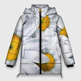 Женская зимняя куртка 3D с принтом Большие ромашки в Новосибирске, верх — 100% полиэстер; подкладка — 100% полиэстер; утеплитель — 100% полиэстер | длина ниже бедра, силуэт Оверсайз. Есть воротник-стойка, отстегивающийся капюшон и ветрозащитная планка. 

Боковые карманы с листочкой на кнопках и внутренний карман на молнии | 3301 | 4800 | dpi | большие | весна | лето | осень | ромашки