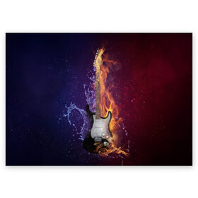 Поздравительная открытка с принтом Гитара огня в Новосибирске, 100% бумага | плотность бумаги 280 г/м2, матовая, на обратной стороне линовка и место для марки
 | Тематика изображения на принте: fire guitar | jazz | rock | гитара огня | раскаленная гитара