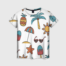 Женская футболка 3D с принтом Отпуск в Новосибирске, 100% полиэфир ( синтетическое хлопкоподобное полотно) | прямой крой, круглый вырез горловины, длина до линии бедер | summer | ананас | ананасы | гаваи | гавайская | звезда | звёзды | зонт | лето | мороженное | отдых | отпуск | очки | пальма | пальмы | пляж | солнце | туризм | туристическая