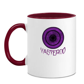 Кружка двухцветная с принтом YASTEROD big в Новосибирске, керамика | объем — 330 мл, диаметр — 80 мм. Цветная ручка и кайма сверху, в некоторых цветах — вся внутренняя часть | eye | purple | rinnegan | yasterod | глаз | риннеган | фиолетовый