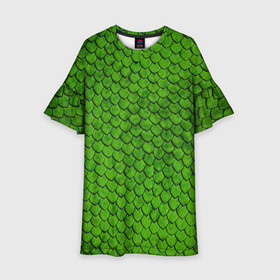 Детское платье 3D с принтом зелёная чешуя  в Новосибирске, 100% полиэстер | прямой силуэт, чуть расширенный к низу. Круглая горловина, на рукавах — воланы | Тематика изображения на принте: чешуя | чешуя ящерицы