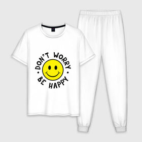 Мужская пижама хлопок с принтом DONT WORRY BE HAPPY в Новосибирске, 100% хлопок | брюки и футболка прямого кроя, без карманов, на брюках мягкая резинка на поясе и по низу штанин
 | bob marley | dont worry | face | happy | jamayka | music | smile | боб марли | веселье | музыка | не парься | смайлик | счастье | цитаты