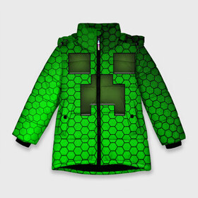 Зимняя куртка для девочек 3D с принтом Крипер из игры Minecraft в Новосибирске, ткань верха — 100% полиэстер; подклад — 100% полиэстер, утеплитель — 100% полиэстер. | длина ниже бедра, удлиненная спинка, воротник стойка и отстегивающийся капюшон. Есть боковые карманы с листочкой на кнопках, утяжки по низу изделия и внутренний карман на молнии. 

Предусмотрены светоотражающий принт на спинке, радужный светоотражающий элемент на пуллере молнии и на резинке для утяжки. | mine | minecraft | зелёный крипер | игра | крипер | лицо крипера | майн | майнкрафт | моб из игры | мордочка крипера