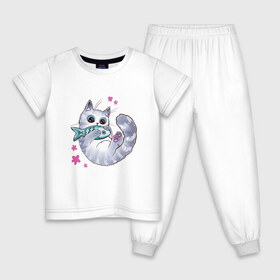 Детская пижама хлопок с принтом Котик с рыбкой в Новосибирске, 100% хлопок |  брюки и футболка прямого кроя, без карманов, на брюках мягкая резинка на поясе и по низу штанин
 | игрушка | кот | котёнок | котик | рыба | рыбка | цветочки | цветы