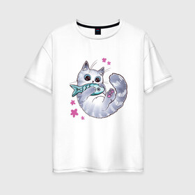 Женская футболка хлопок Oversize с принтом Котик с рыбкой в Новосибирске, 100% хлопок | свободный крой, круглый ворот, спущенный рукав, длина до линии бедер
 | игрушка | кот | котёнок | котик | рыба | рыбка | цветочки | цветы