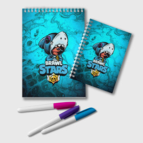 Блокнот с принтом BRAWL STARS LEON SHARK в Новосибирске, 100% бумага | 48 листов, плотность листов — 60 г/м2, плотность картонной обложки — 250 г/м2. Листы скреплены удобной пружинной спиралью. Цвет линий — светло-серый
 | brawl | brawl stars | brawlstars | crow | fire | flame | game | leon | loen | phoenix | shark | star | stars | акула | бравл | браво | вода | звезда | звезды | игра | леон | огонь | пламя | стар | старс | феникс