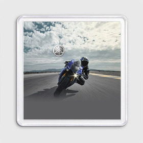 Магнит 55*55 с принтом Yamaha в Новосибирске, Пластик | Размер: 65*65 мм; Размер печати: 55*55 мм | Тематика изображения на принте: clouds | helmet | motorcycle | racer | road | route | sky | speed | yamaha | гонщик | дорога | мотоцикл | небо | облака | скорость | трасса | шлем