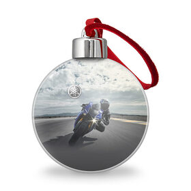 Ёлочный шар с принтом Yamaha в Новосибирске, Пластик | Диаметр: 77 мм | Тематика изображения на принте: clouds | helmet | motorcycle | racer | road | route | sky | speed | yamaha | гонщик | дорога | мотоцикл | небо | облака | скорость | трасса | шлем