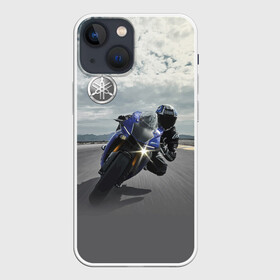 Чехол для iPhone 13 mini с принтом Yamaha в Новосибирске,  |  | clouds | helmet | motorcycle | racer | road | route | sky | speed | yamaha | гонщик | дорога | мотоцикл | небо | облака | скорость | трасса | шлем
