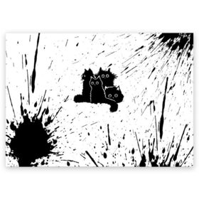 Поздравительная открытка с принтом Черные котейки в Новосибирске, 100% бумага | плотность бумаги 280 г/м2, матовая, на обратной стороне линовка и место для марки
 | Тематика изображения на принте: baby | cat | cute | kitty | аниме | анимешные | брызги красок | глаза | детям | животные | зверек | кавайный | киска | кот | котята | кошак | кошечка | кошка | малыши | милые | мордочка | няшные | прикольные