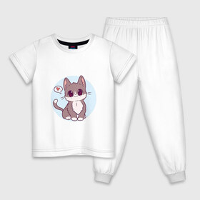 Детская пижама хлопок с принтом Милый котёнок в Новосибирске, 100% хлопок |  брюки и футболка прямого кроя, без карманов, на брюках мягкая резинка на поясе и по низу штанин
 | Тематика изображения на принте: арт | кот | котёнок | кошка | любовь | рисунок | сердечко | сердце | серый