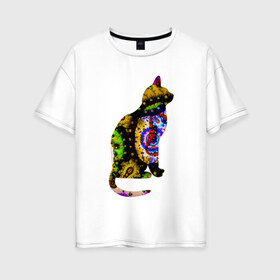 Женская футболка хлопок Oversize с принтом кошка 1 в Новосибирске, 100% хлопок | свободный крой, круглый ворот, спущенный рукав, длина до линии бедер
 | желтый | зеленый | кошка | красный | необычная | разноцветная