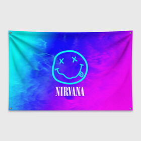 Флаг-баннер с принтом NIRVANA НИРВАНА в Новосибирске, 100% полиэстер | размер 67 х 109 см, плотность ткани — 95 г/м2; по краям флага есть четыре люверса для крепления | band | cobain | face | kurt | logo | music | nirvana | rock | rocknroll | группа | кобейн | курт | лого | логотип | музыка | музыкальная | нирвана | рожица | рок | рокнролл | символ