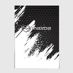 Постер с принтом MAZDA в Новосибирске, 100% бумага
 | бумага, плотность 150 мг. Матовая, но за счет высокого коэффициента гладкости имеет небольшой блеск и дает на свету блики, но в отличии от глянцевой бумаги не покрыта лаком | mazda | авто | автомобиль | логотип | мазда | марка | машина | надпись | текстура