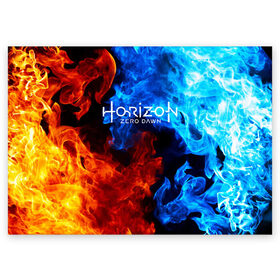 Поздравительная открытка с принтом Horizon Zero Dawn FIRE в Новосибирске, 100% бумага | плотность бумаги 280 г/м2, матовая, на обратной стороне линовка и место для марки
 | aloy | antasy girl | art | artwork | digital art | fantasy | horizon | horizon: zero dawn | landscape | tallneck | warrior fantasy | weapon | zero dawn