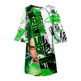 Детское платье 3D с принтом Billie Eilish в Новосибирске, 100% полиэстер | прямой силуэт, чуть расширенный к низу. Круглая горловина, на рукавах — воланы | Тематика изображения на принте: автор | автор песен | инди поп | певица | поп | электропоп | эмо поп