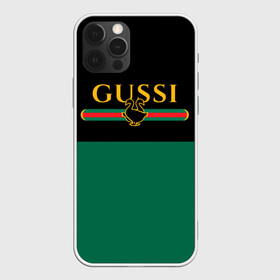 Чехол для iPhone 12 Pro с принтом GUSSI / ГУСИ в Новосибирске, силикон | область печати: задняя сторона чехла, без боковых панелей | anti | antibrand | brand | fashion | gucci | gusi | gussi | logo | meme | memes | анти | антибренд | бренд | гуси | гуччи | забавные | лого | логотип | мем | мемы | мода | прикол | приколы | прикольные | символ
