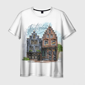 Мужская футболка 3D с принтом Амстердам в Новосибирске, 100% полиэфир | прямой крой, круглый вырез горловины, длина до линии бедер | Тематика изображения на принте: амстердам | голландия | город | домики | европа | леттеринг | надпись | нидерланды | окна | путешествие | скетч