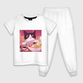 Детская пижама хлопок с принтом Кот и лапша в Новосибирске, 100% хлопок |  брюки и футболка прямого кроя, без карманов, на брюках мягкая резинка на поясе и по низу штанин
 | Тематика изображения на принте: cat | kitty | ramen | кот | котэ | кошка | лапша | рамен