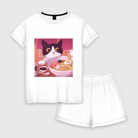 Женская пижама с шортиками хлопок с принтом Кот и лапша в Новосибирске, 100% хлопок | футболка прямого кроя, шорты свободные с широкой мягкой резинкой | Тематика изображения на принте: cat | kitty | ramen | кот | котэ | кошка | лапша | рамен
