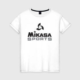 Женская футболка хлопок с принтом MIKASA SPORTS в Новосибирске, 100% хлопок | прямой крой, круглый вырез горловины, длина до линии бедер, слегка спущенное плечо | beach | mikasa | voleybal | volleyball | волебол | волейбол | волейболист | волейболистка | воллейбол | микаса | пляжный