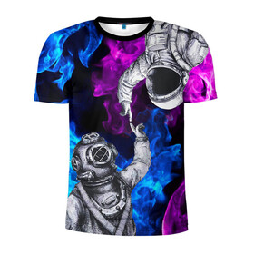 Мужская футболка 3D спортивная с принтом Космонавт и водолаз в Новосибирске, 100% полиэстер с улучшенными характеристиками | приталенный силуэт, круглая горловина, широкие плечи, сужается к линии бедра | astronaut | blue | cosmos | diver | elon musk | fire | flame | nasa | planet | purple | space | spacex | star | universe | water | абстракция | астронавт | вода | вселенная | галактика | дайвер | звезда | илон маск | космонавт | космос | наса | огонь | пл