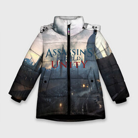 Зимняя куртка для девочек 3D с принтом Assassin’s Creed Unity в Новосибирске, ткань верха — 100% полиэстер; подклад — 100% полиэстер, утеплитель — 100% полиэстер. | длина ниже бедра, удлиненная спинка, воротник стойка и отстегивающийся капюшон. Есть боковые карманы с листочкой на кнопках, утяжки по низу изделия и внутренний карман на молнии. 

Предусмотрены светоотражающий принт на спинке, радужный светоотражающий элемент на пуллере молнии и на резинке для утяжки. | black flag | brotherhood | chronicles | creed | game | origins | revelations | rogue | syndicate | unity | valhalla | альтаир | ассасин | игры | кинжал | пираты
